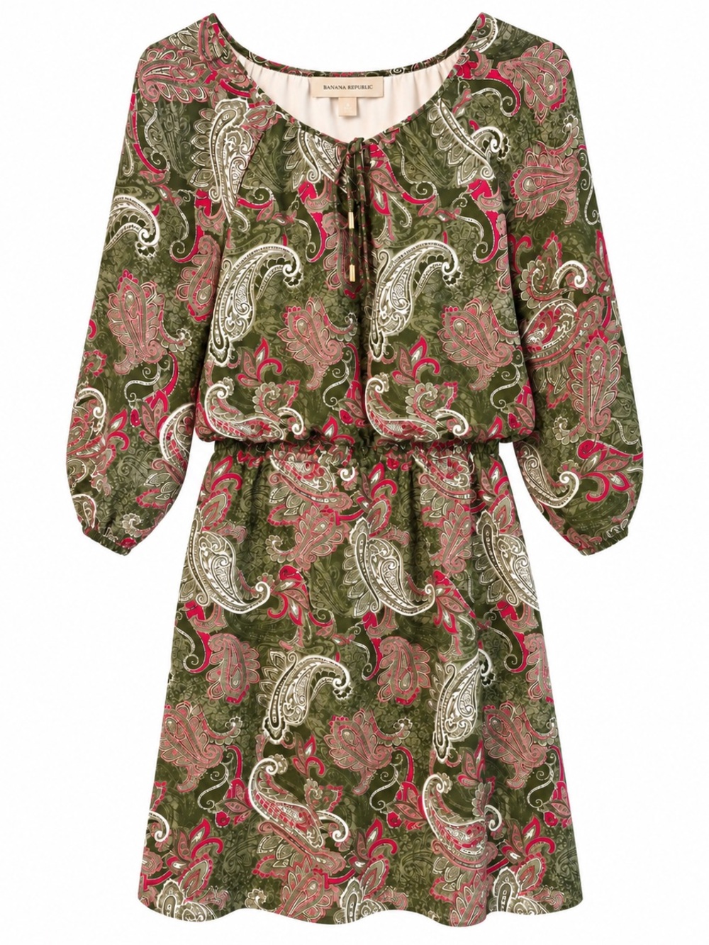 Banana Republic Olive Paisley Tie-Neck Blouson Dress with Pink Accents